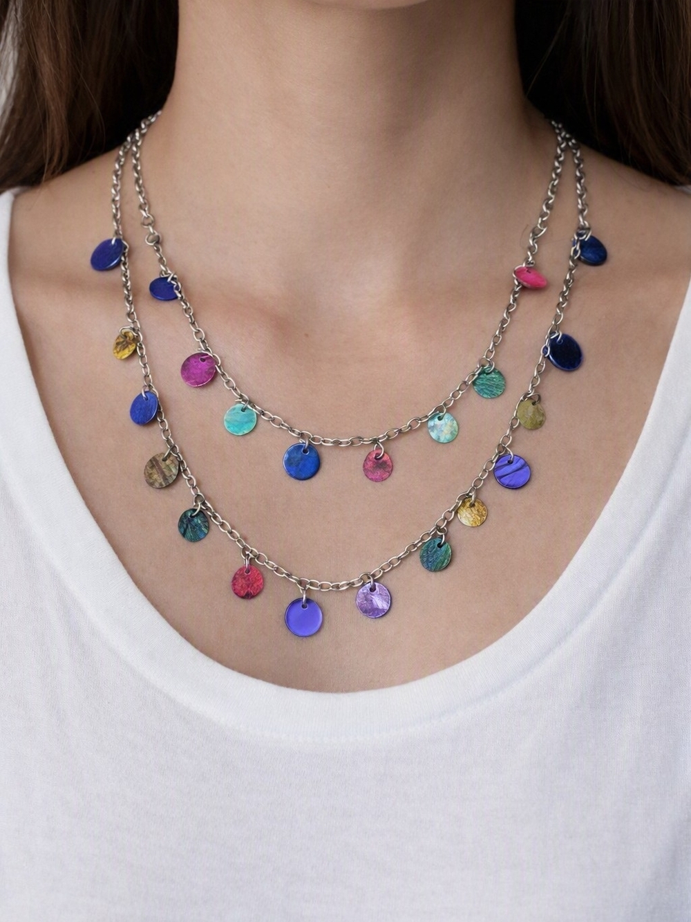 Lia Sophia Necklace Adjustable 46"-48" Multicolor Disc Double Strand Boho Silver